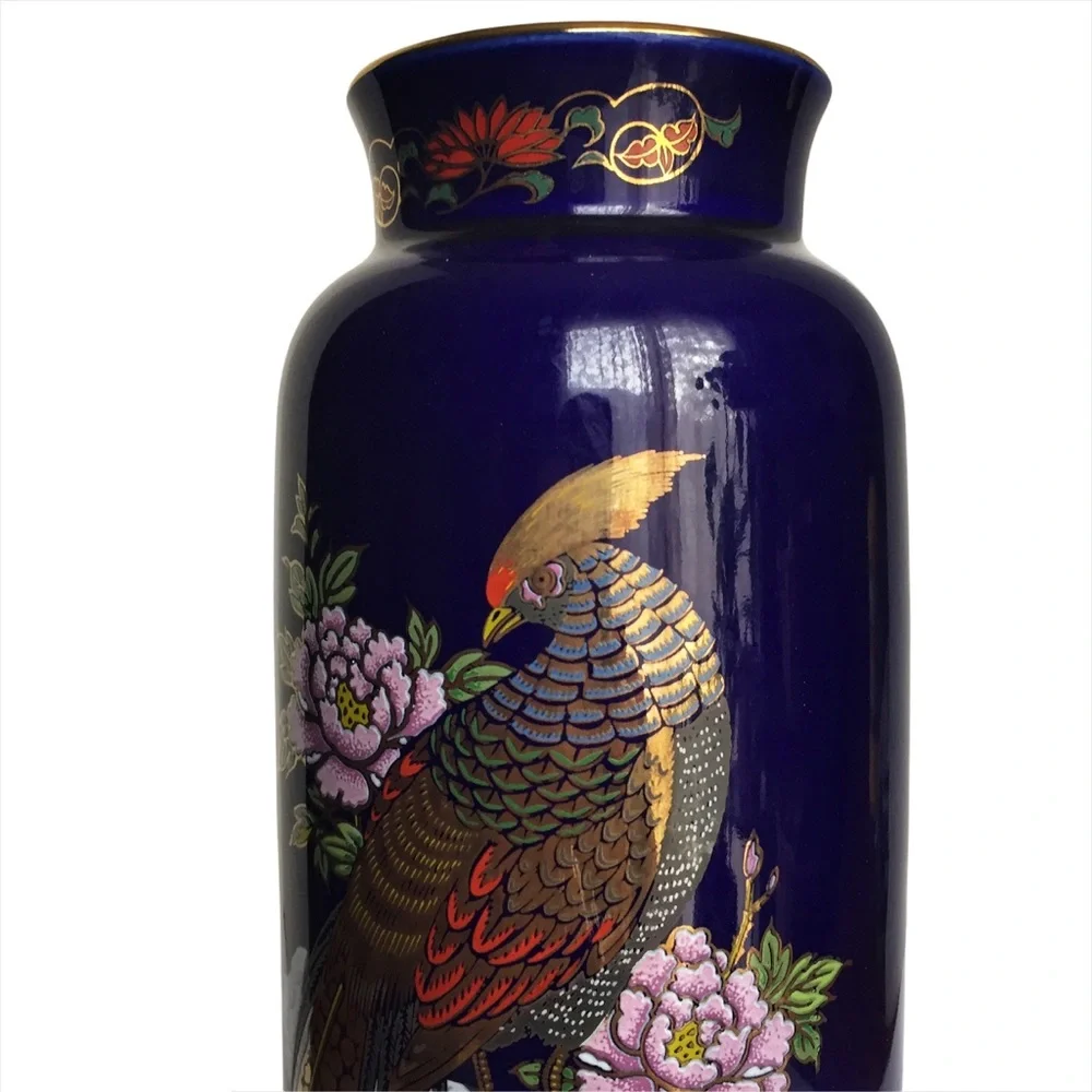 Vintage Kutani Cobalt Blue Pheasants Vase